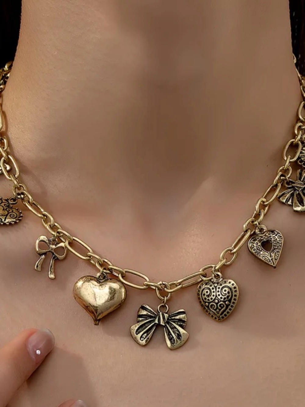 Antique Gold Heart & Bow Charm Necklace
